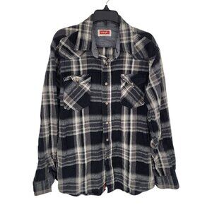 Wrangler mens medium black gray plaid pearl snap long sleeve flannel shirt